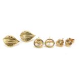 Three pairs of 9ct gold earrings, the largest 1.1cm high, total 1.6g