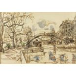 Parisian canal scene, early 20th century mixed media, mounted, framed and glazed, 25cm x 17cm