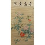 Birds amongst flowers, Chinese watercolour scroll with red seal marks and calligraphy, 98.5cm x 49cm