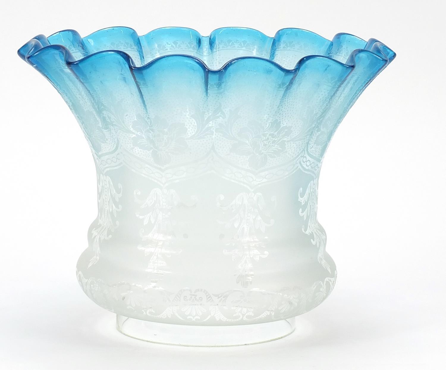 Blue and clear glass shade etched with flowers, 16cm high