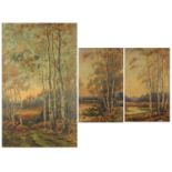 Woodland before water, three Impressionist oil on boards, including a pair, each bearing an