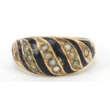 Antique unmarked gold enamel and seed pearl mourning ring, (tests as 15ct gold) size L/M, 2.9g