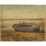 Thorvald Larsen - Moored boat before a river, oil on canvas, details verso, unframed, 46cm x 37.5cm