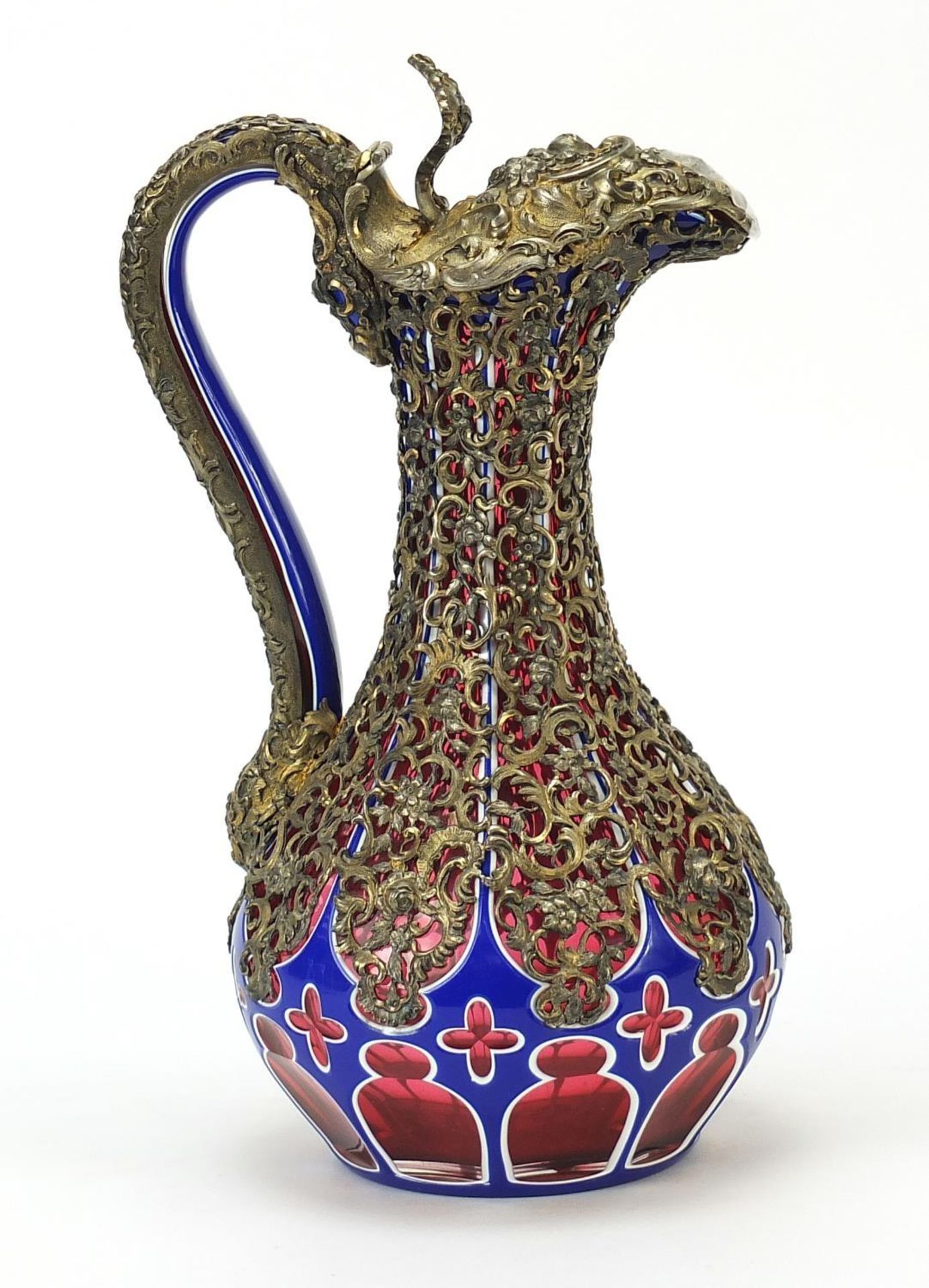 Good Biedermeier Bohemian overlaid glass ewer with Rococo style silver overlay, the silver with - Image 5 of 9