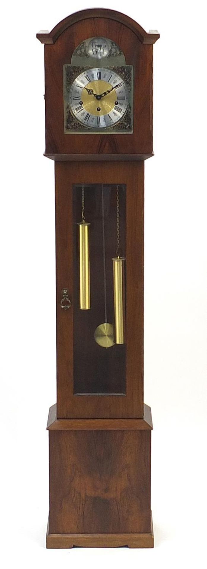 Tempest Fugit granddaughter clock with visible weights and pendulum, 149cm high