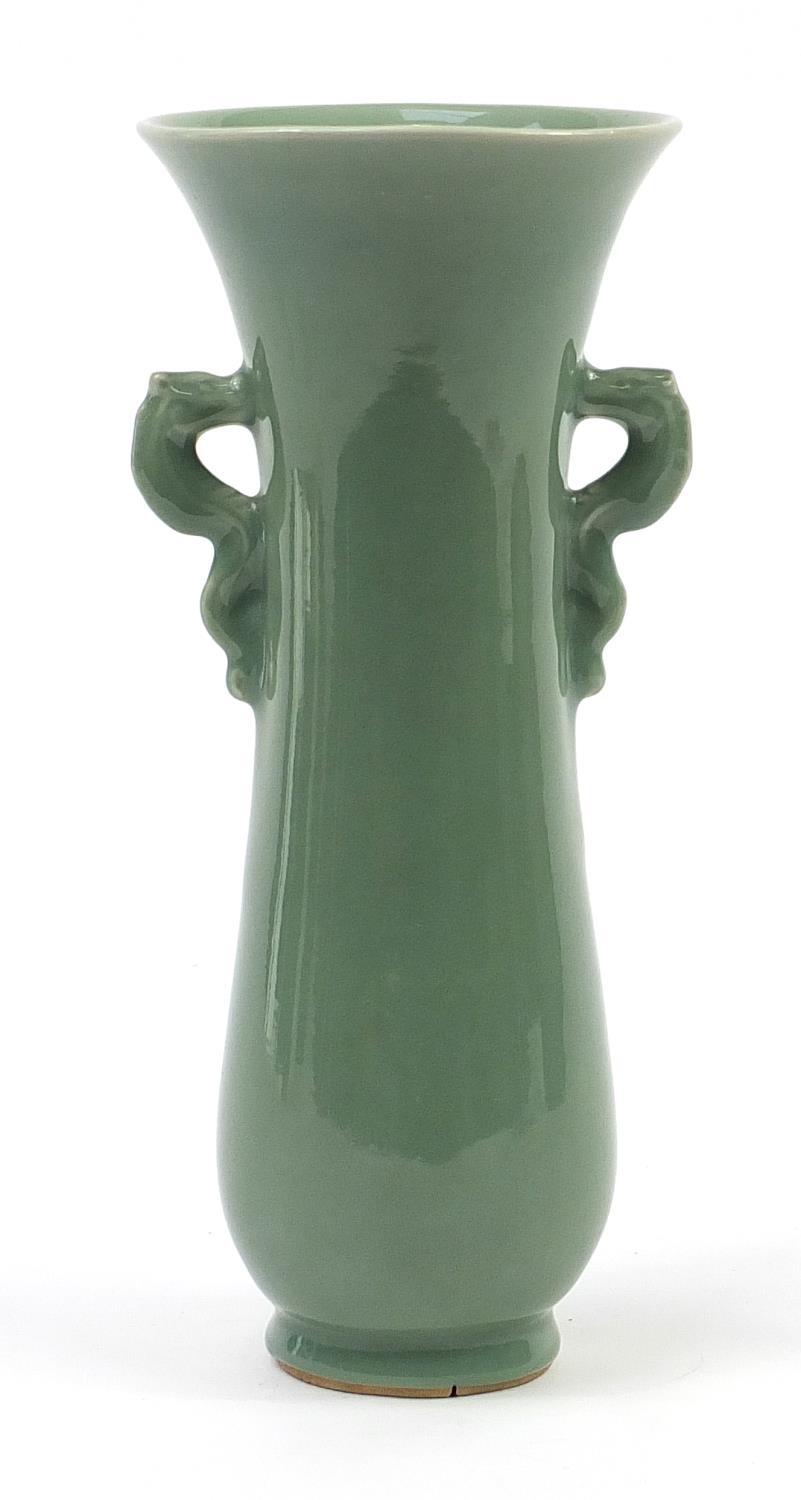 Japanese porcelain vase with dragon handles having a celadon glaze, incised marks to the base, - Image 3 of 8