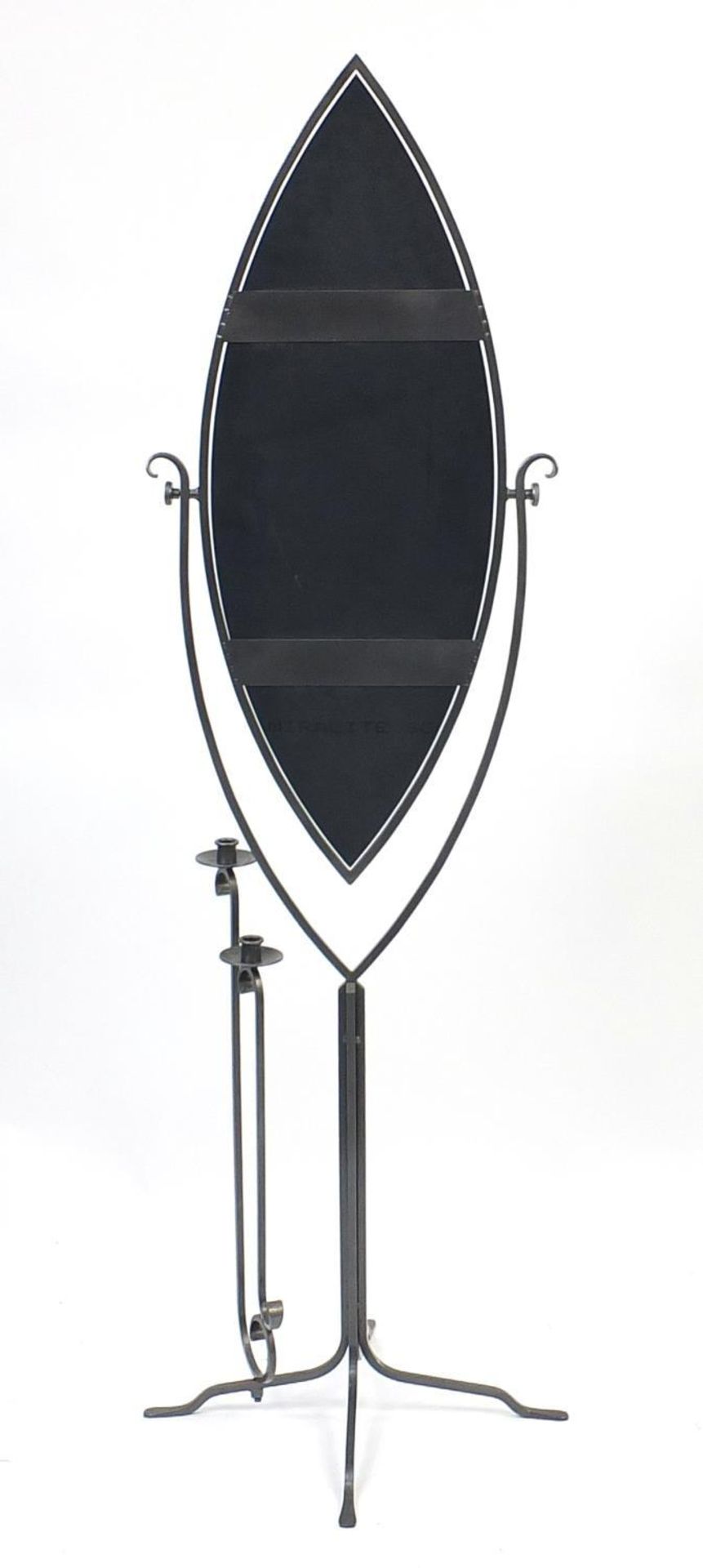 Wrought iron cheval mirror with double candlestick, 173cm high - Image 3 of 3