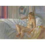 Ken Symonds - Reclining nude female, signed pastel, mounted, framed and glazed, 63.5cm x 47cm
