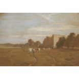 Cecil Ross Burnett - Driver and cattle before a castle, watercolour, framed and glazed, 44.5cm x