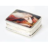 Rectangular silver pill box, the hinged lid enamelled with a semi nude female, 3.2cm wide, 20.0g