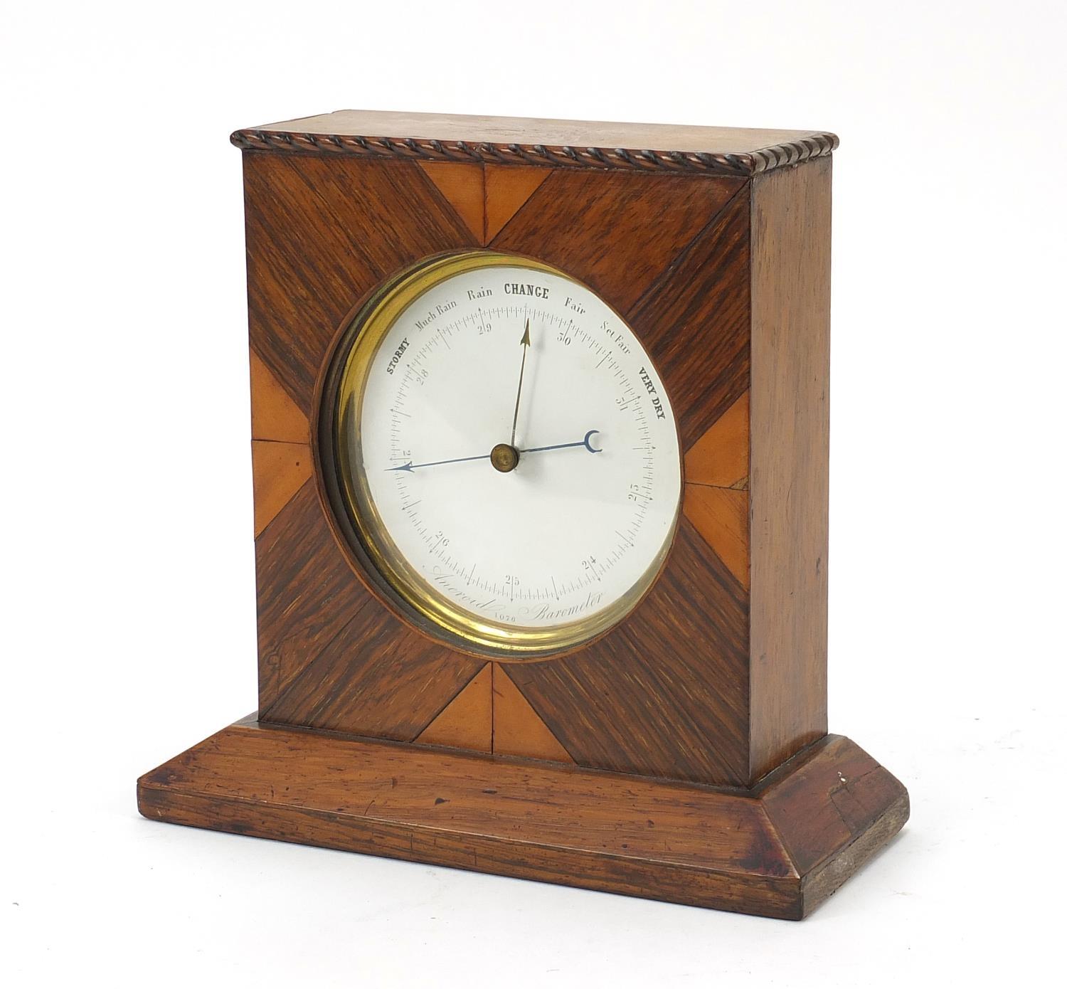 19th century brass cased aneroid barometer with enamelled dial housed in a satinwood and rosewood