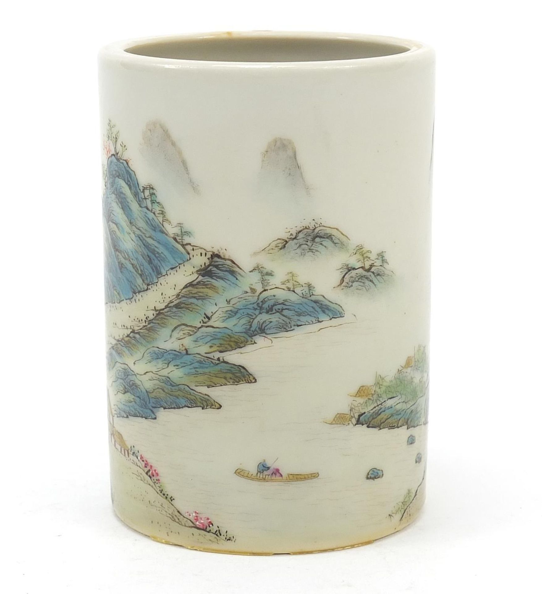 Chinese porcelain brush pot finely hand painted in the famille rose palette with a river - Image 3 of 8