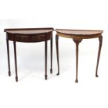 Two demi lune hall tables, including on mahogany with serpentine front and two drawers, each 76cm
