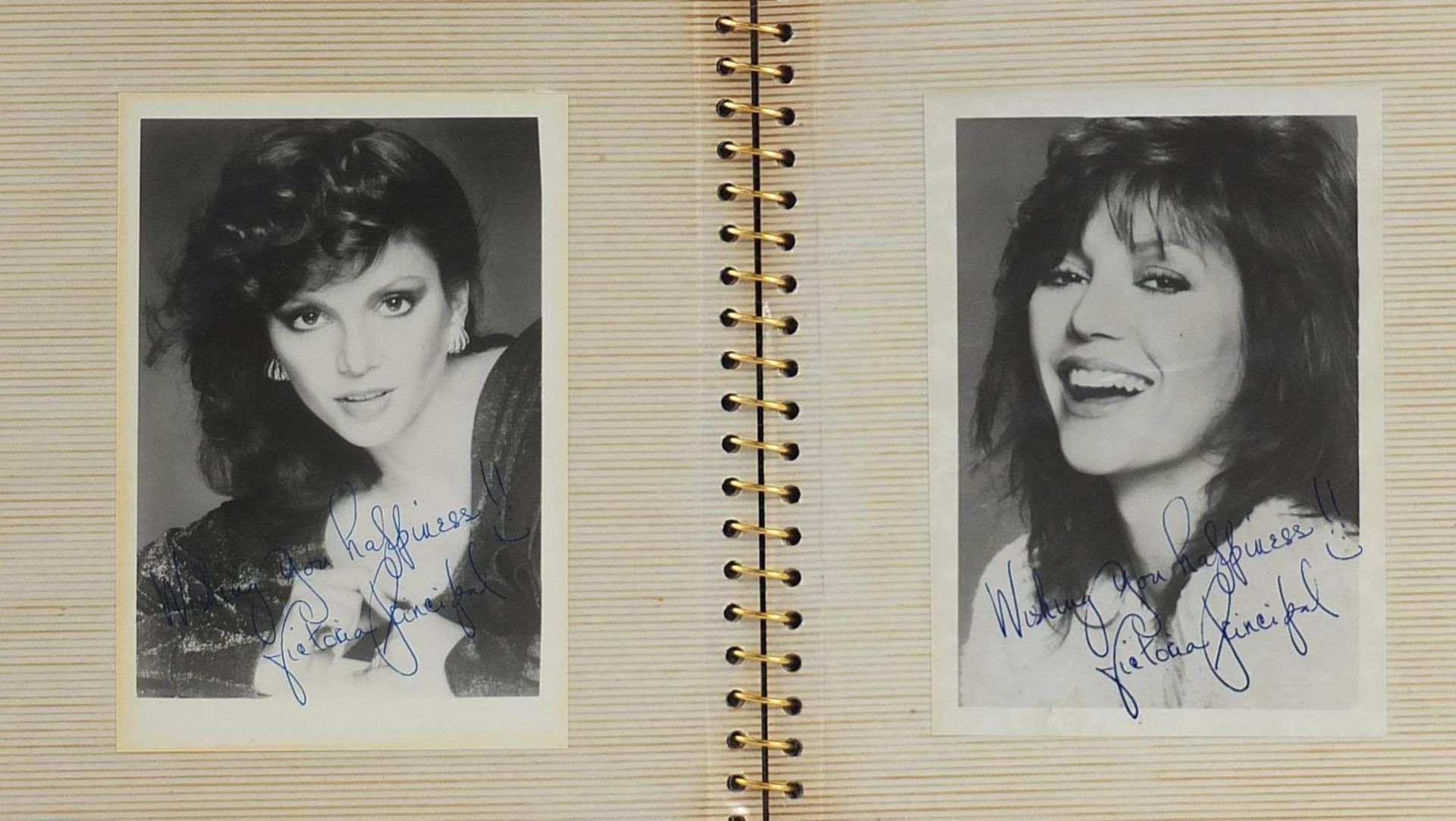 Collection of photographs arranged in an album, predominantly signed, including Susan Clark and