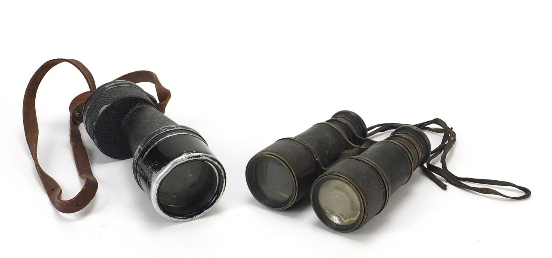 Pair of military interest field binoculars and a Ross of London spotting scope numbered 1938, the