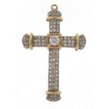 Large 9ct gold clear stone cross pendant, 5.5cm high, 10.0g