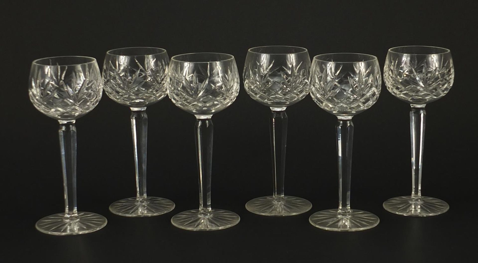 Set of six cut glass wine goblets, each 18.5cm high