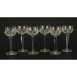Set of six cut glass wine goblets, each 18.5cm high