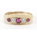 9ct gold ruby and diamond five stone ring, size L, 2.3g