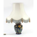 Chinese porcelain baluster vase table lamp with silk lined shade, hand painted with daffodils,