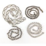 Four silver watch chains, the largest 35cm in length, total 77.8g