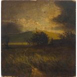 Naïve landscape, early 19th century oil on wood panel, inscribed verso A wind on the downs by H E