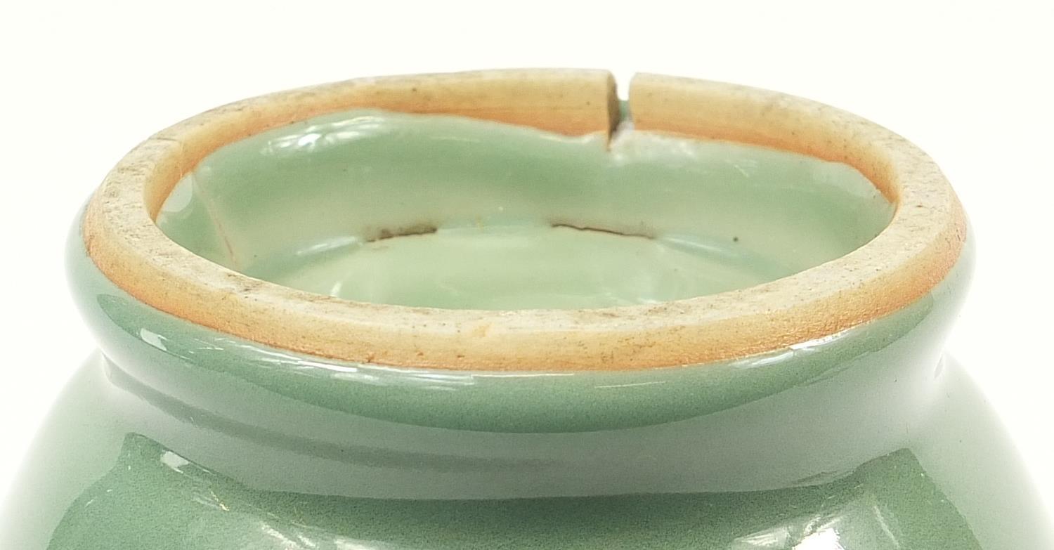 Japanese porcelain vase with dragon handles having a celadon glaze, incised marks to the base, - Image 8 of 8