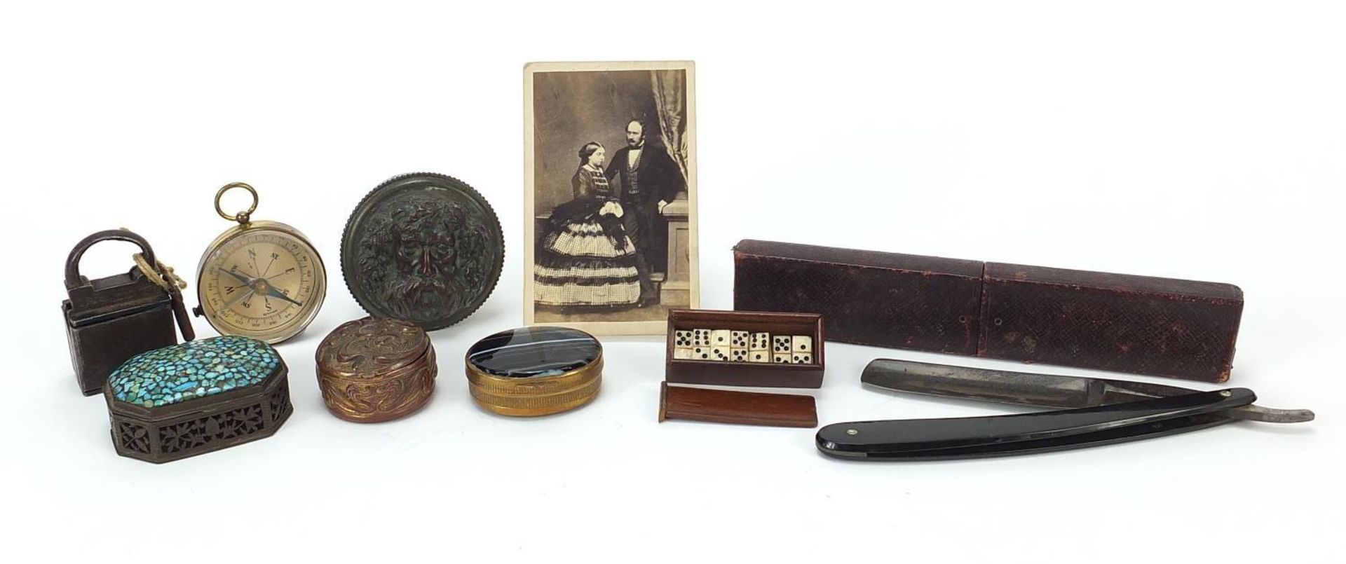 Objects including a photograph of Queen Victoria and Prince Albert, agate patch box, miniature set