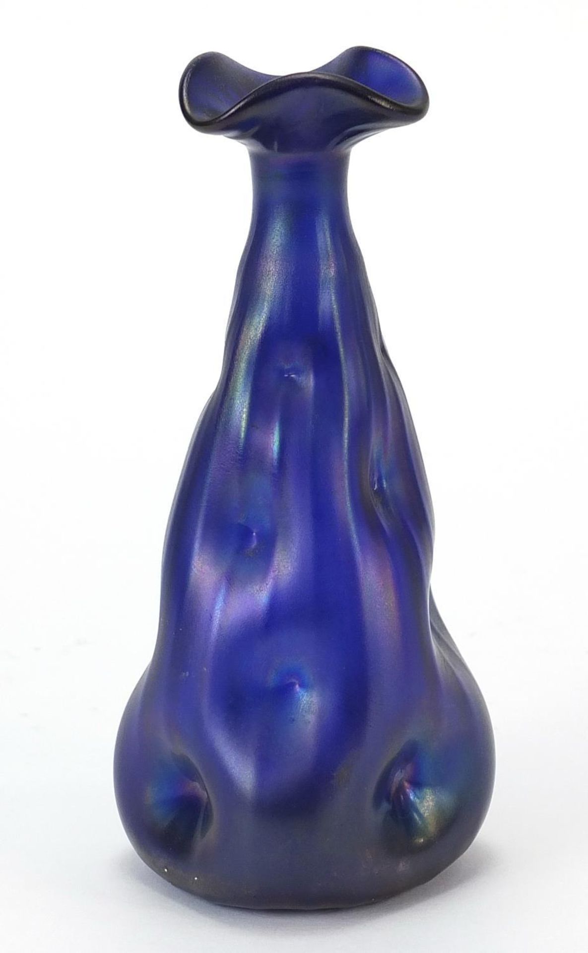 Purple iridescent glass vase in the style of Loetz, 15.5cm high