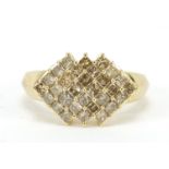 9ct gold champagne coloured stone cluster ring, (tests as diamonds) size N, 3.4g