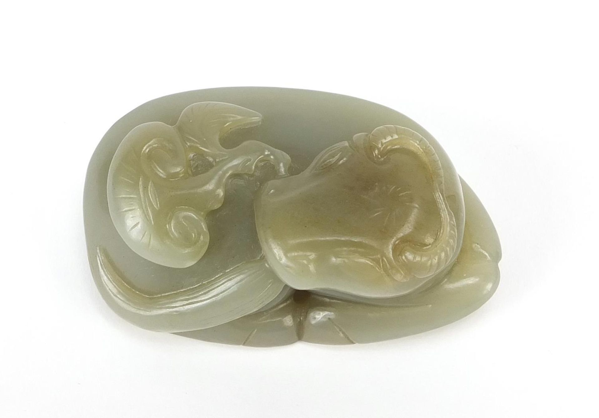 Chinese celadon and russet jade carving of a buffalo, 7cm wide - Image 6 of 7