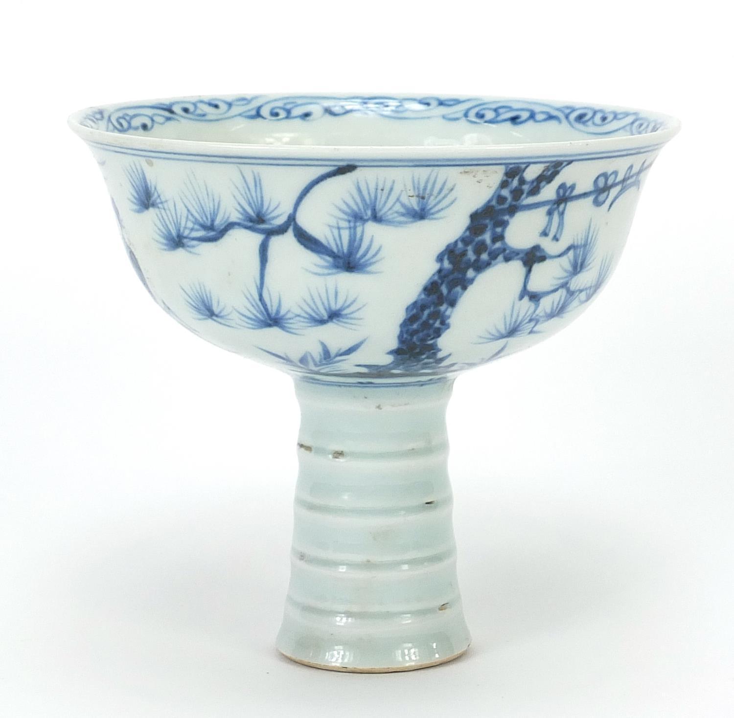 Chinese blue and white porcelain stem bowl hand painted with warriors, 11cm high x 12.5cm in - Image 2 of 7