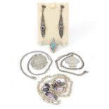 Silver jewellery including a pair of antique style marcasite earrings, oval locket on chain and