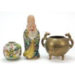 Chinese objects comprising bronze tripod incense burner, porcelain figure of an Emperor and a