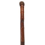 Chinese bamboo walking stick carved with warriors and Geishas, 90cm in length