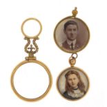 15ct gold portrait miniature pendant, gilt metal magnifying glass and gold coloured metal photograph
