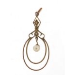 Art Nouveau 9ct gold diamond and pearl pendant, 4cm high, 1.9g
