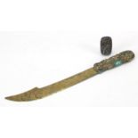 Japanese mixed metal bronzed letter opener and a vesta case embossed with birds amongst trees, the
