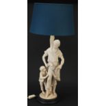 Parian style figural table lamp with shade in the form of a blacksmith with child, 76cm high