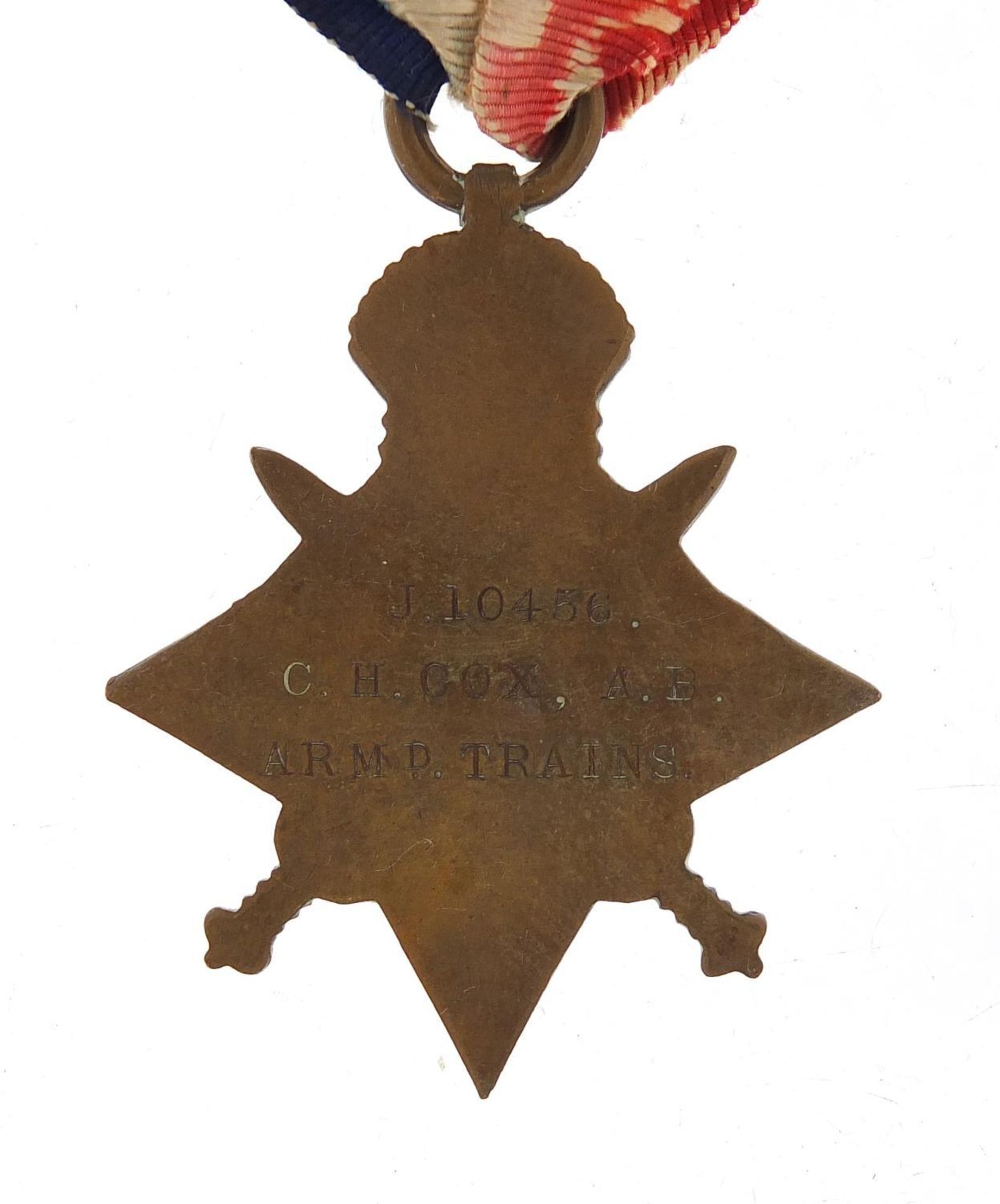 British military World War I Mons Star awarded to J.10456.C.H.COX,A.B.ARMD.TRAINS - Image 2 of 2