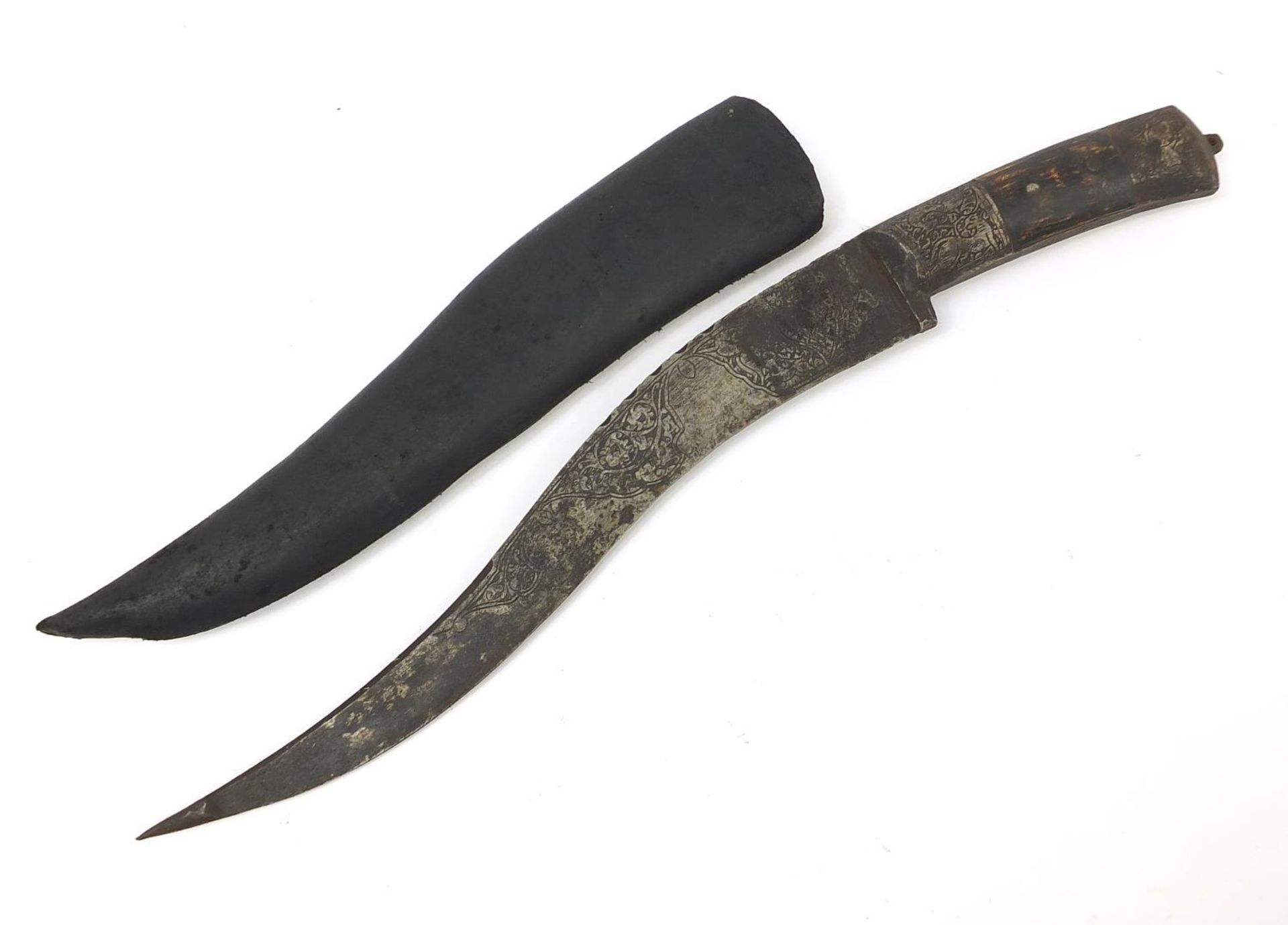 Afghan Pesh-kabz knife with bone handle, sheath and steel blade engraved with a wild animals and