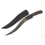 Afghan Pesh-kabz knife with bone handle, sheath and steel blade engraved with a wild animals and