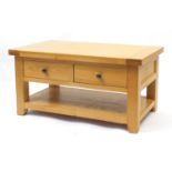 Contemporary light oak low table fitted with two frieze drawers and under shelf, 50cm high x 100cm W