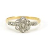Art Deco 18ct gold diamond flower head ring, housed in a Jaqui & Lawrence box, size S, 3.0g