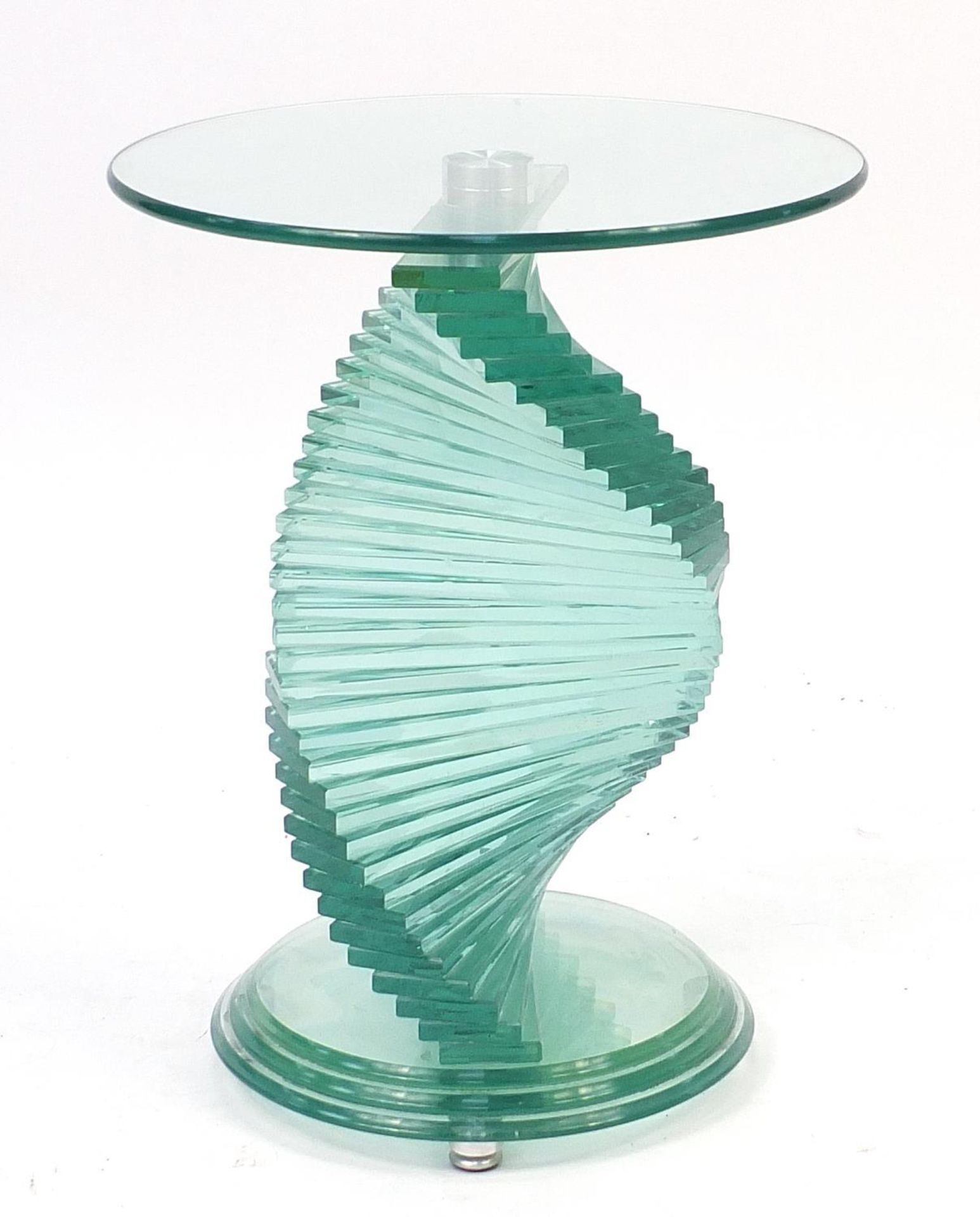 Ravaya, contemporary glass lamp table with spiral staircase design column, 51cm high x 40cm in