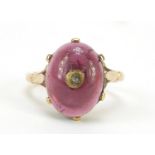 Antique unmarked gold cabochon garnet ring set with a diamond, size K, 3.7g