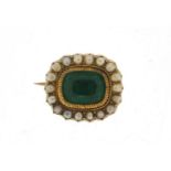 Georgian gold coloured metal seed pearl and green stone brooch, 1.5cm wide, 2.7g