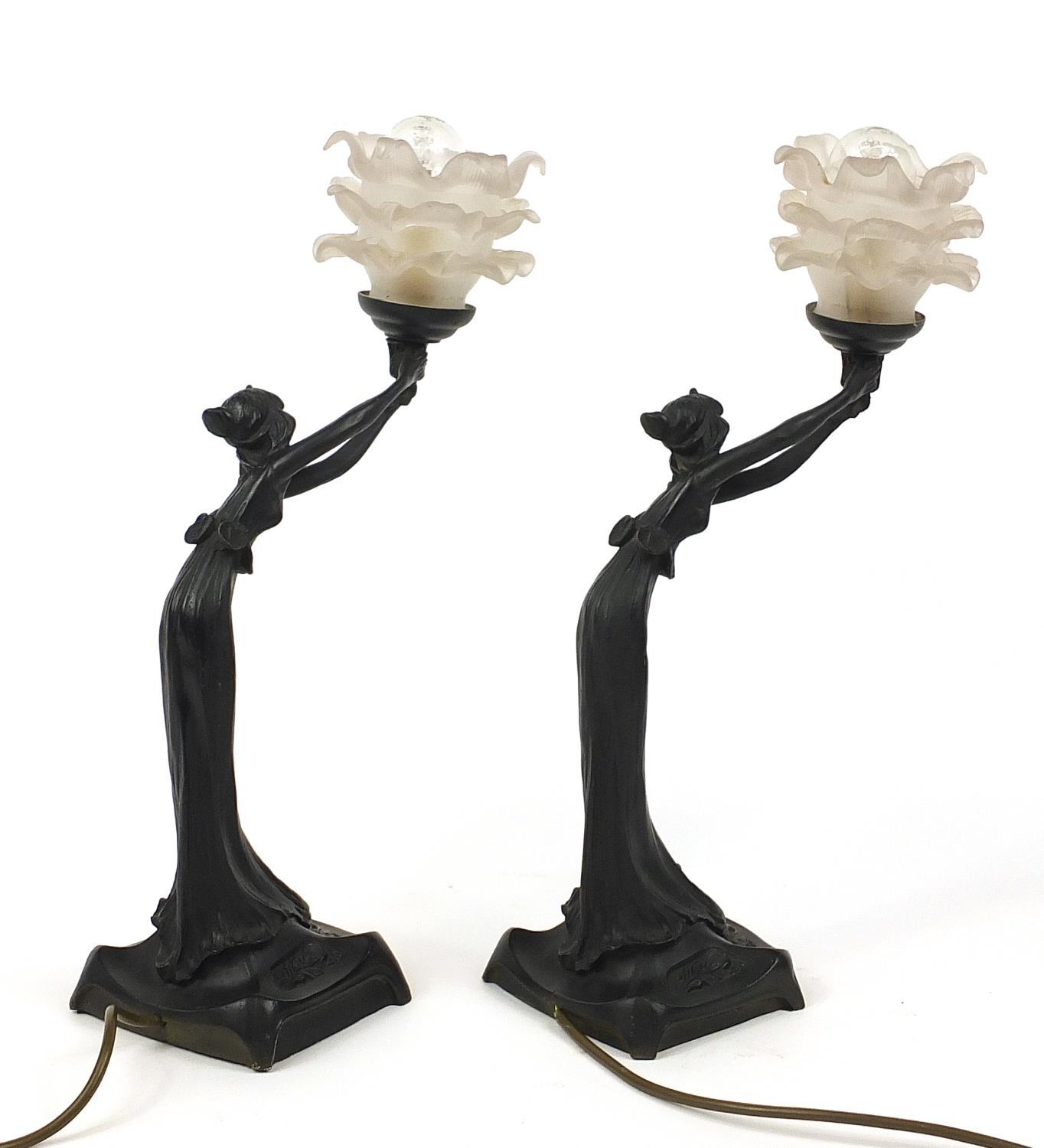 Pair of Art Nouveau style maiden design table lamps each with frosted frilled glass shades, 44cm - Image 3 of 4