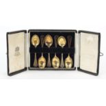 Turner & Simpson, set of six silver gilt and enamel teaspoons housed in a Mappin & Webb fitted case,