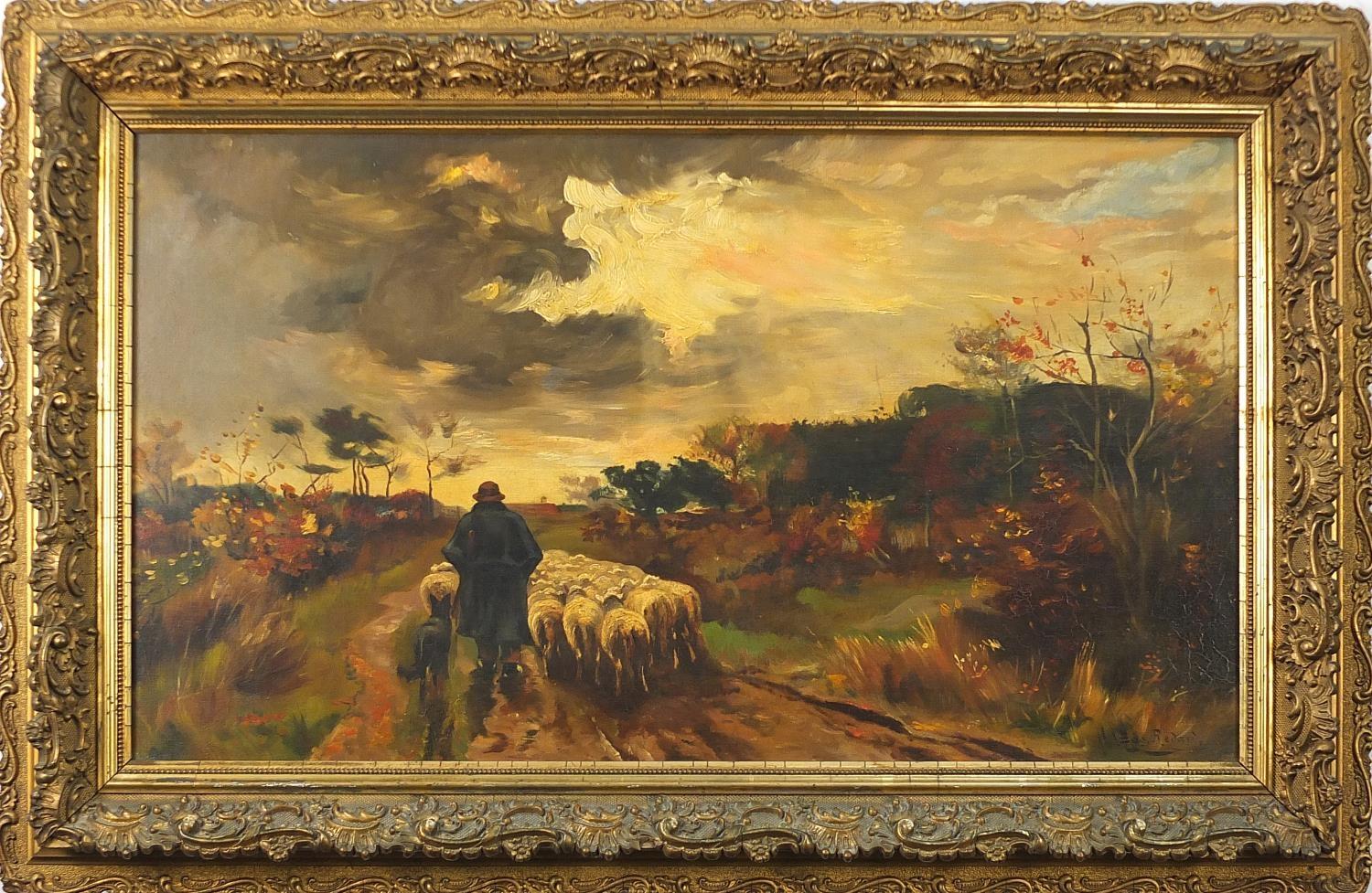 Eug Redard - Shepherd and flock, oil on canvas, mounted and framed, 74cm x 42cm excluding the - Image 2 of 5